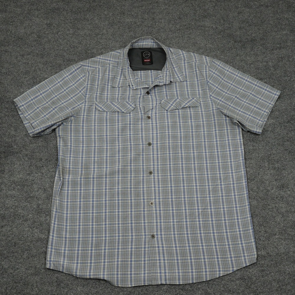 Wrangler Shirt Mens Large Blue ATG All Terrain Gear Plaid Short Sleeve Outdoor